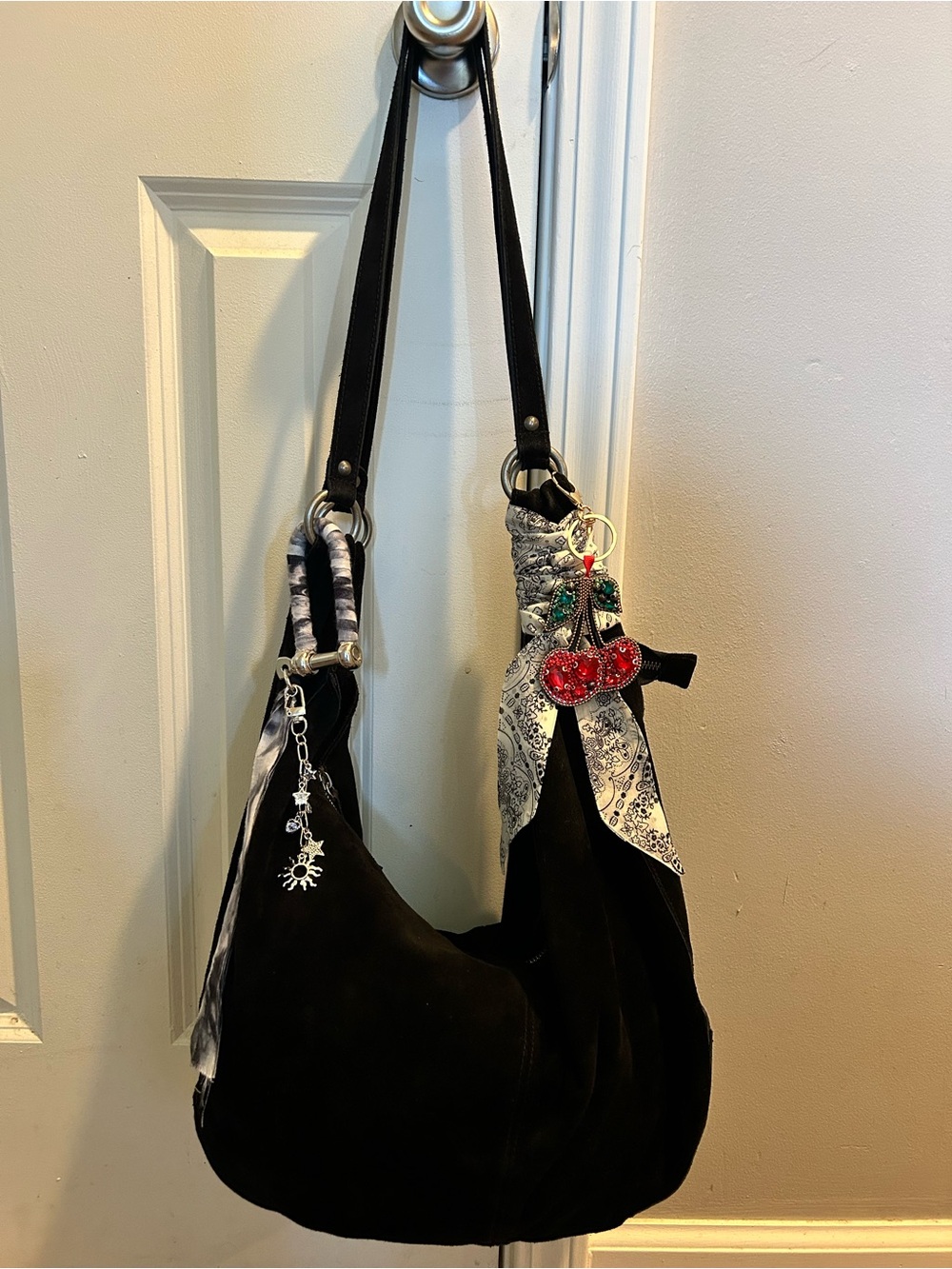 Free People Roma Black Suede Tote With 3 Included Charms & Scarf